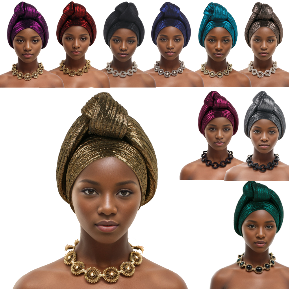 Casquette Turban nouée en tissu pailleté pour femmes, couvre-chef africain Auto Gele, couvre-chef de fête du Nigeria