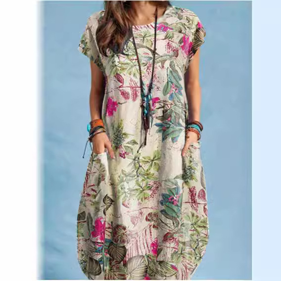 Robes pour femmes 2026 en coton et lin, imprimées végétales, col rond, poches, manches courtes, ourlet irrégulier, longueur genou, vêtements vestidoes