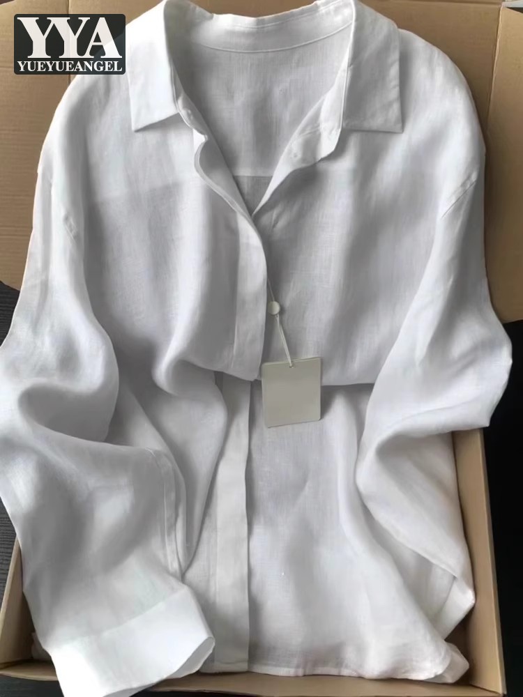 Décontracté bureau dames travail couleur unie chemise en lin à manches longues printemps été simple boutonnage coupe ample mode femmes Blouses hauts