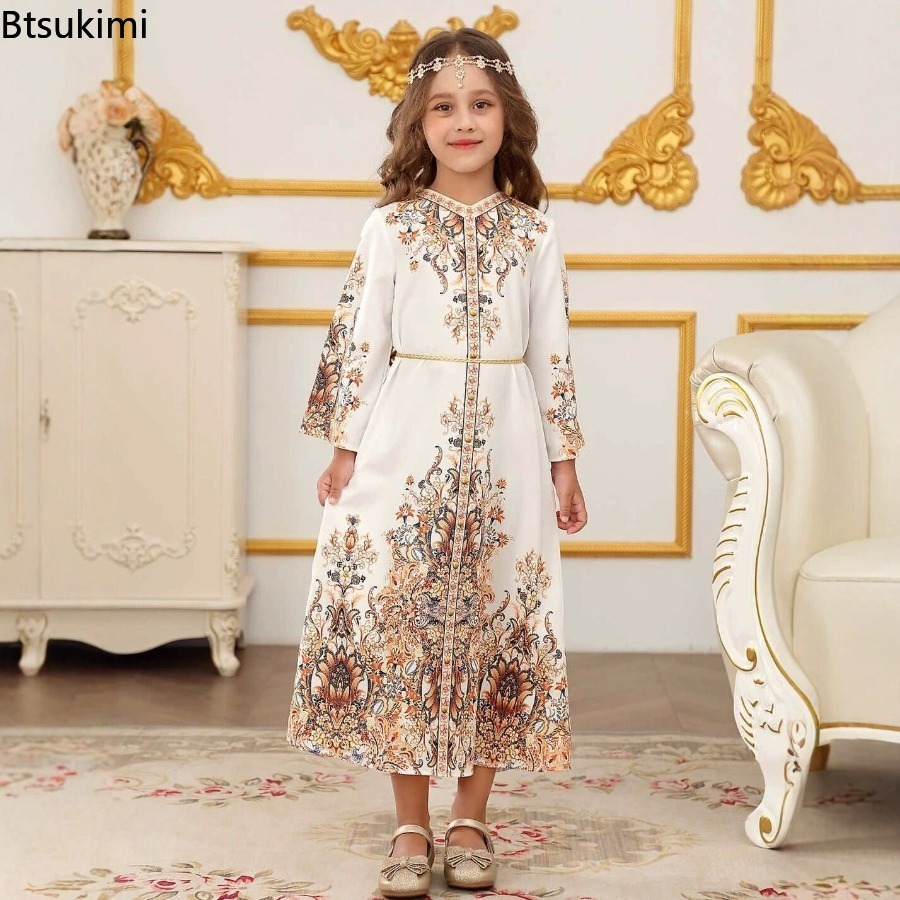 Robes du moyen-orient pour filles, mode musulmane Abayas, caftan arabe turc, dubaï, vêtements islamiques pour enfants, robe imprimée, Robes de soirée