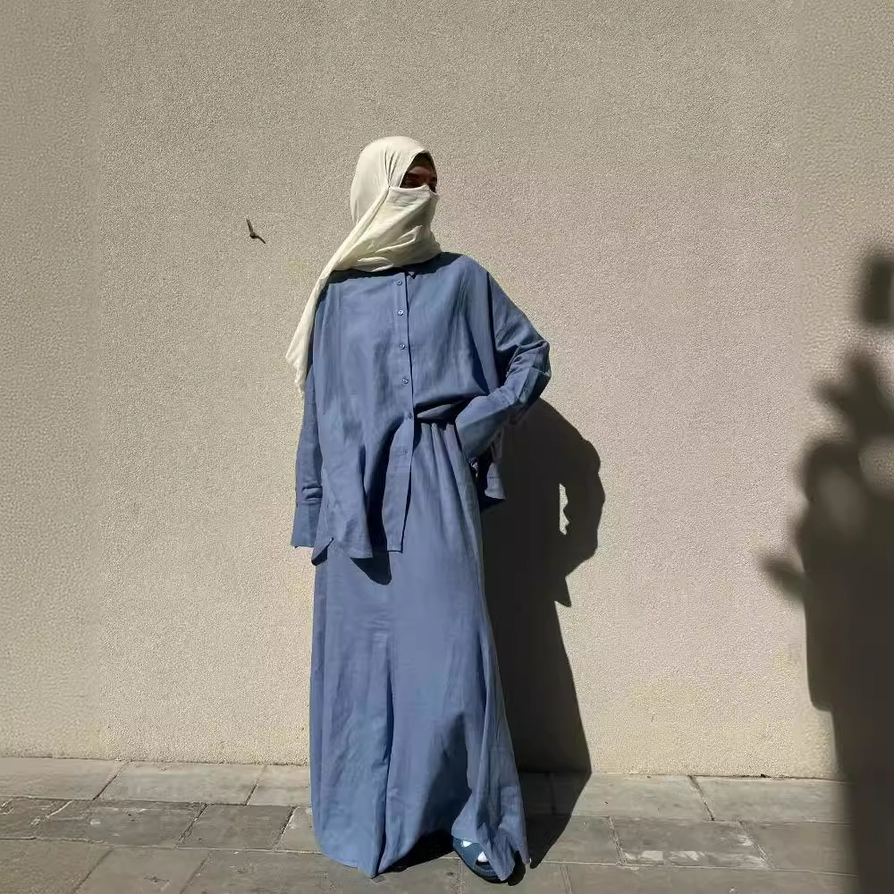 Ensemble de Chemises et Jupes sulfà Boutonnage Simple pour Femme Musulmane, Vêtement Modeste, Islamique, Maroc, Dubaï, 2 Pièces
