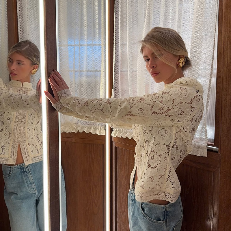 Chemise chinoise transparente en dentelle élégante pour femmes, Sexy, manches longues, simple boutonnage, Slim, chemisier court, chemises de rue quotidiennes pour dames, 2026