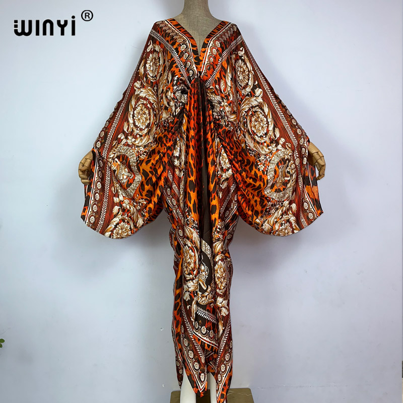 Kaftan de plage sexy, caftan en soie et rayonne, imprimé tendance 2021 WINYI, robes longues pour femmes, robe bohème à col en V.