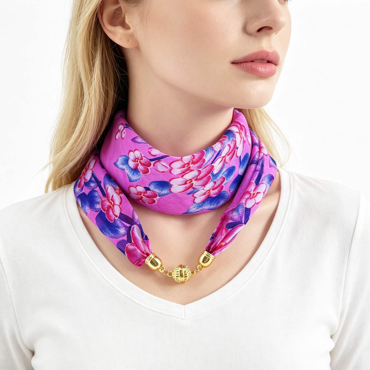 Écharpe de cou à imprimé floral avec boucle magnétique pour femme, écharpe fine semi-transparente en mousseline, facile à porter, tendance et assortie