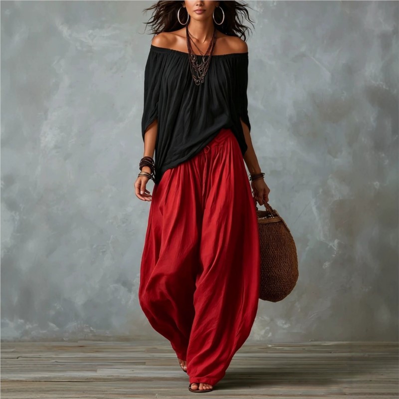 Ensemble deux pièces pour femmes, chemisier ample à épaules dénudées style bohème, pantalon large de style harem, tenue de vacances décontractée vintage pour femmes