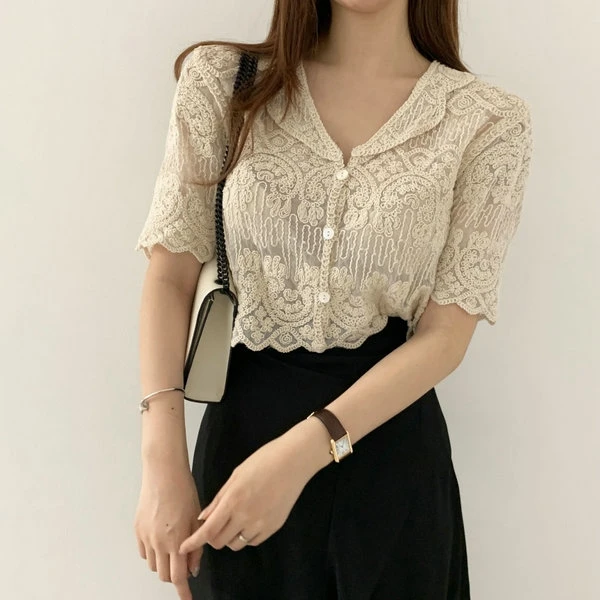 Chemisier en dentelle brodée transparente, hauts à manches courtes, cardigan boutonné sur le devant, tenue d'été bohème pour femmes