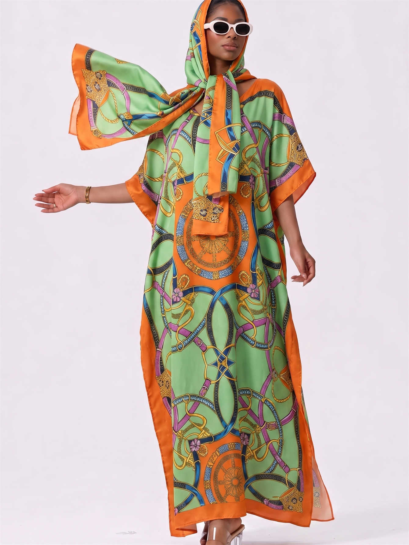 Kaftan Abaya musulman pour femmes avec hijab assorti, imprimé chaîne, robe maxi ample à manches chauve-souris, ensemble de robe longue pour femmes malaisiennes
