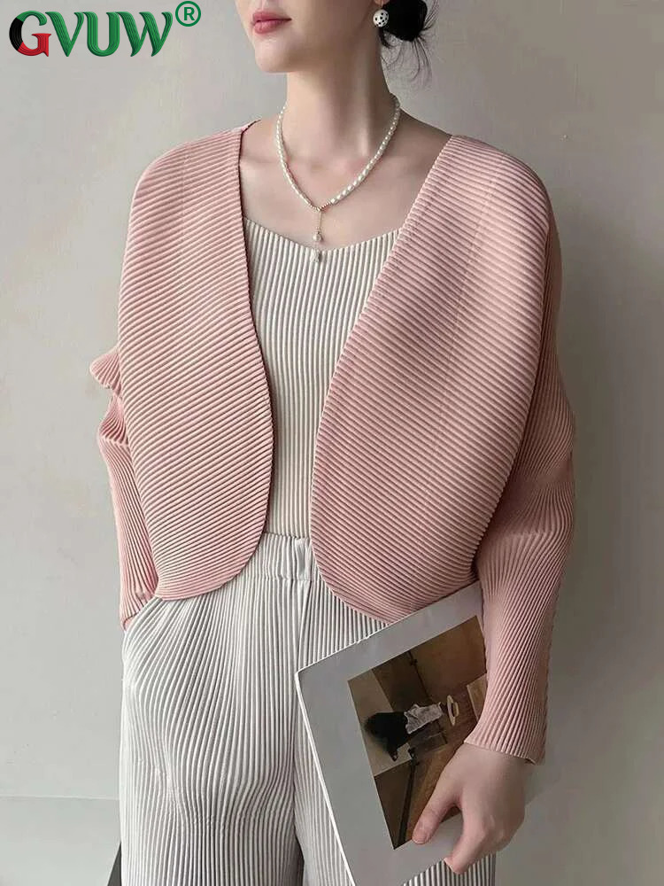 GVUW-Veste Plissée à Col en V pour Femme, Vêtement d'Extérieur Décontracté à Manches sulf, Point Ouvert, Couleur Unie, Nouvelle Collection 2025, 17G9774