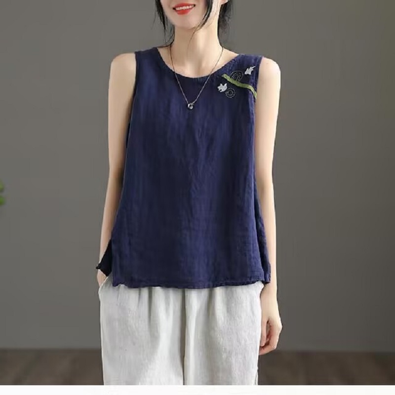 Haut brodé de gilet en coton et lin pour femme