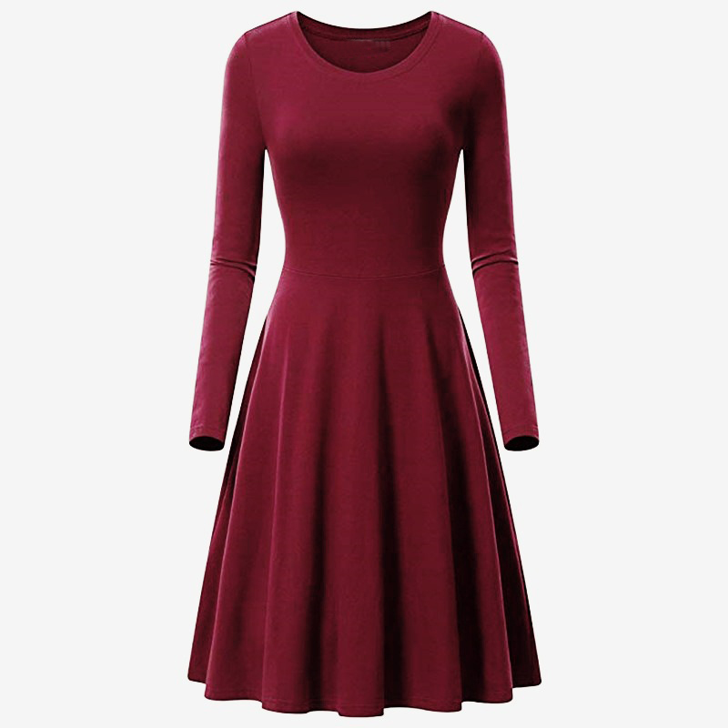 Robe trapèze à manches longues et col rond pour femme, tenue lisse et élégante, couleur unie, tenue décontractée, mi-longue, nouvelle collection automne hiver