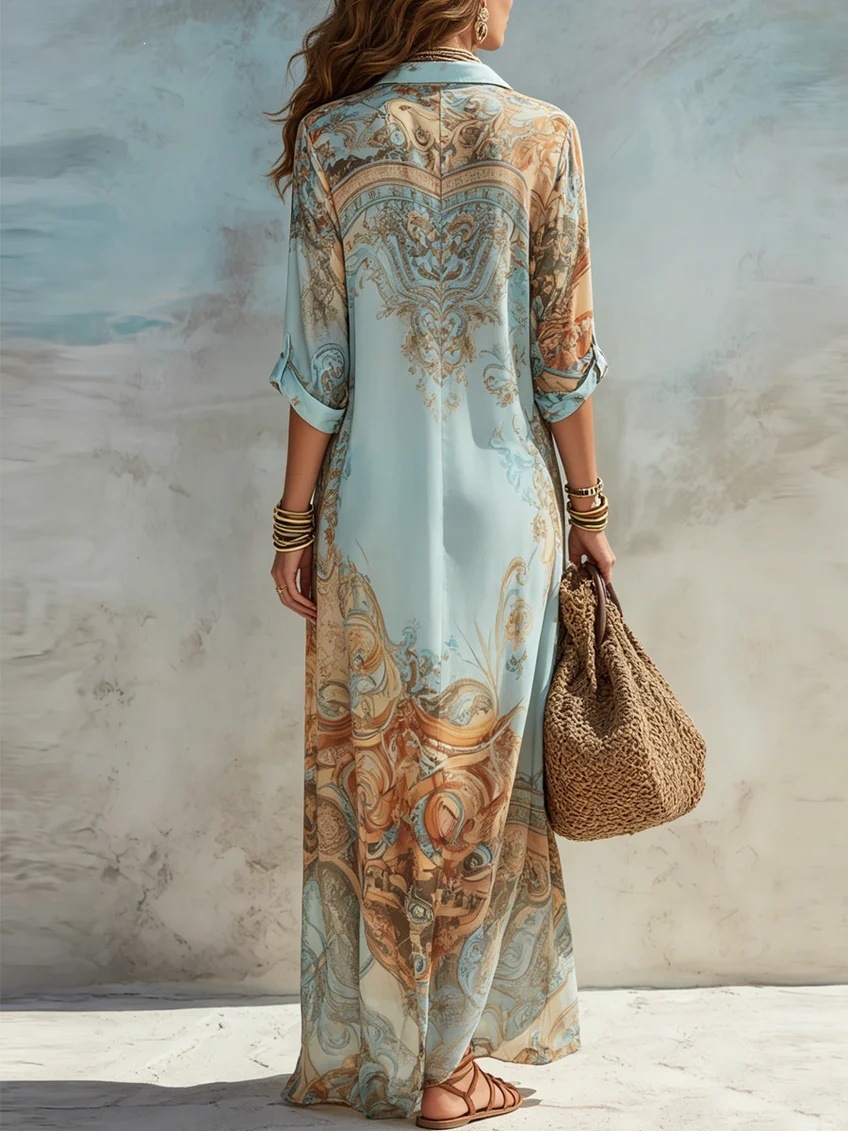 Robe chemise pour femmes en mousseline de soie, imprimé numérique, col rabattu, boutonnage simple, robes fluides, décontractées, style bohème, vêtements d'été