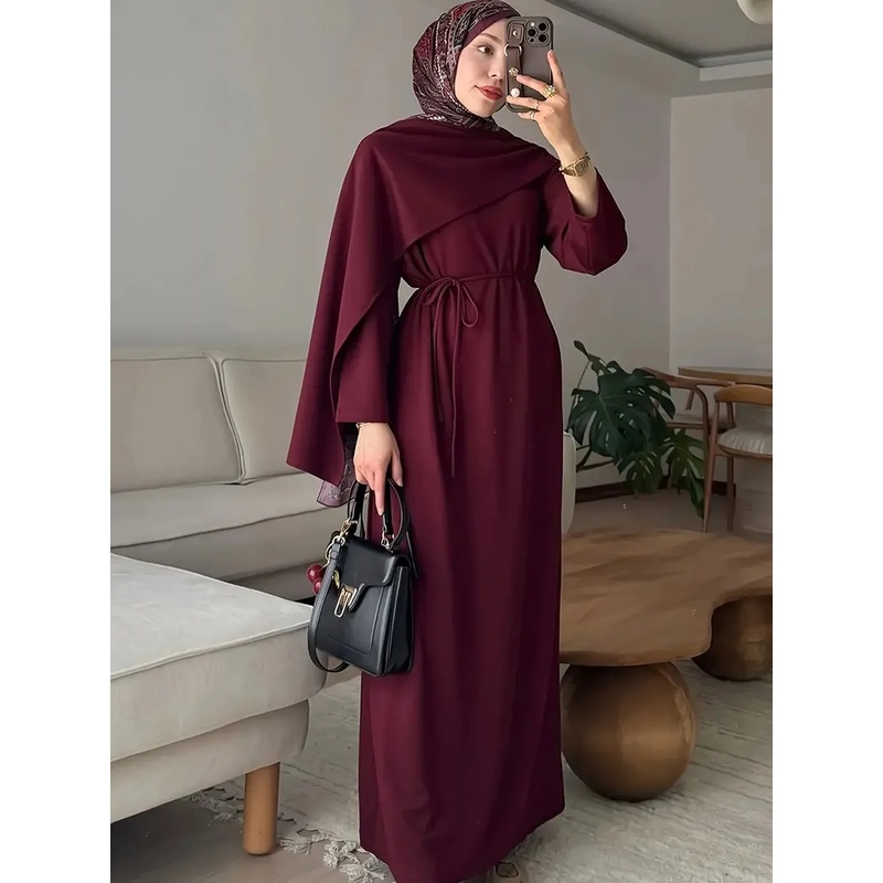 Robe longue élégante décontractée pour femmes, style musulman, couleur unie, manches longues, jupe à lacets