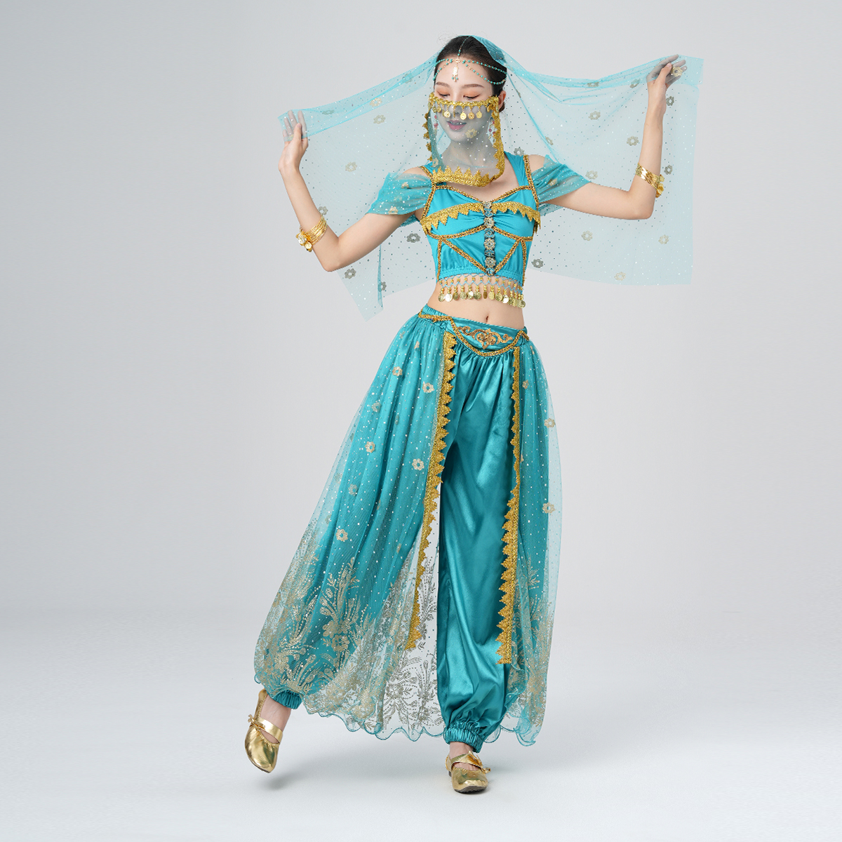 Costumes de spectacle de danse du ventre pour femmes, costume pantalon de princesse Aladdin Jasmine, vêtements de fête, tenue de danse