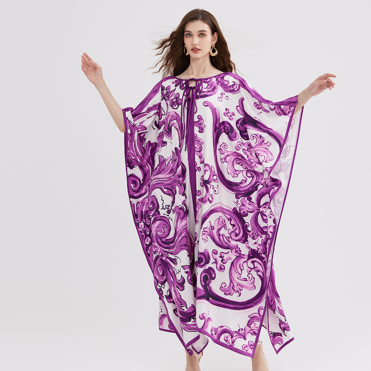 Robe longue kaftan pour femme, imprimé baroque violet, manches chauve-souris, style bohème, ample, cache-maillot de bain, robe de plage pour les vacances d'été