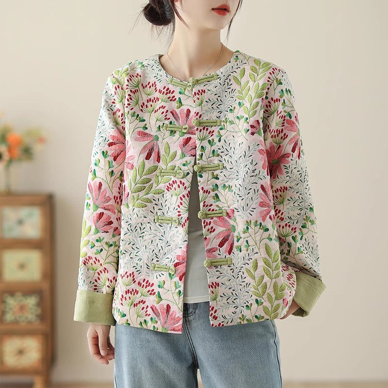Manteau court rétro pour femme, veste jacquard, chemise florale, style ethnique chinois, cardigan bouton adt décontracté, automne, Y-k2582