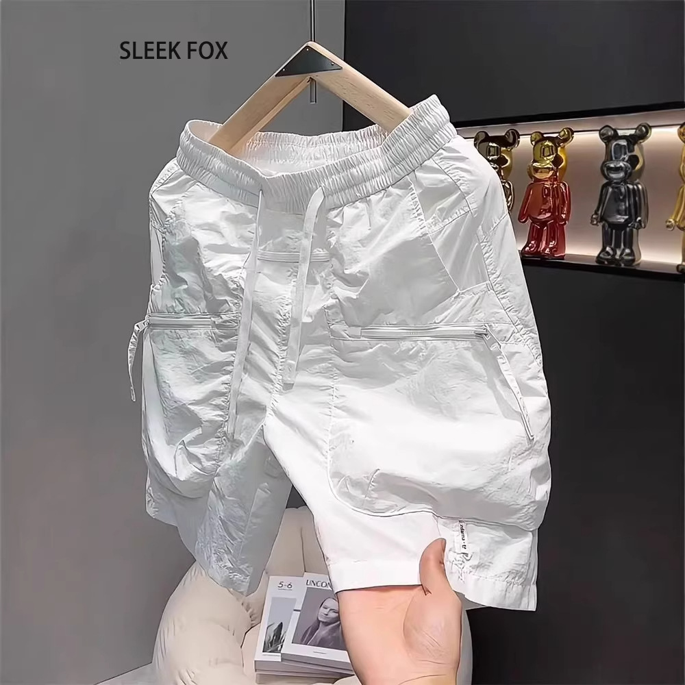 Pantalon de travail tendance et élégant avec cordon de taille, short de plage d'extérieur, grandes poches, été, polyester, coupe droite, vêtements pour hommes