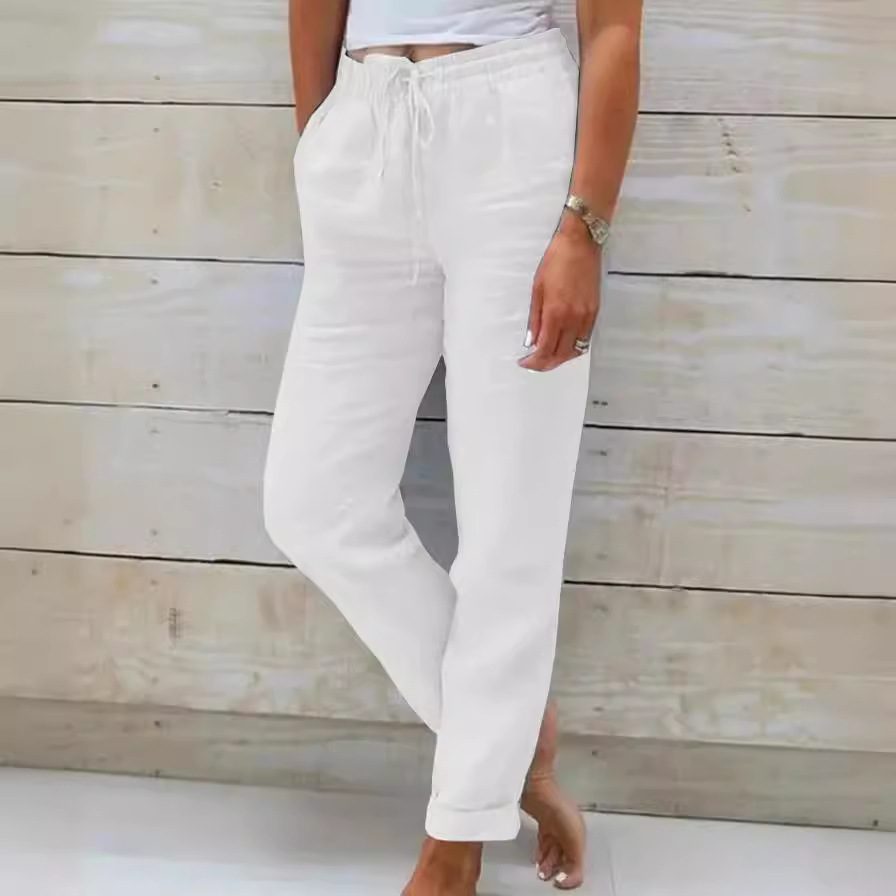 Pantalon décontracté femme 2026, nouvelle collection Europe, taille haute, coupe ajustée, couleur unie, en coton et lin, vêtements pour femmes