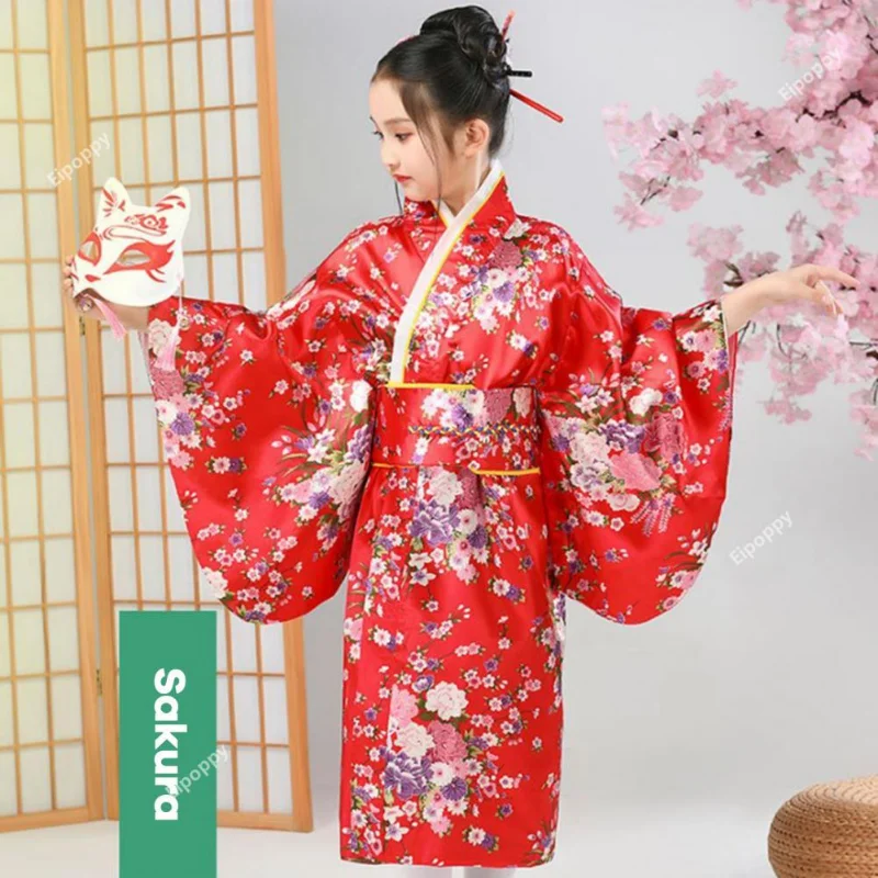 Robe kimono imprimée de fleurs de cerisier vibrantes, ensembles de kimono japonais pour filles, spectacles scolaires de cosplay traditionnels pour les élèves du primaire
