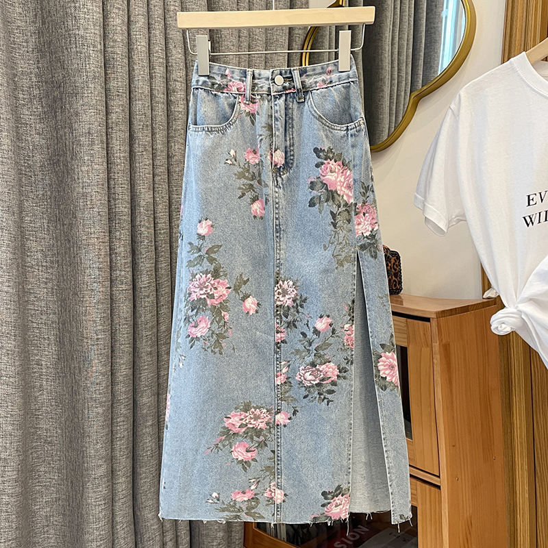 Imprimé fleuri Denim jupes longues femmes été Vintage Maxi jean jupe taille S - 5XL côté fendu taille haute femmes jupe longue coréenne
