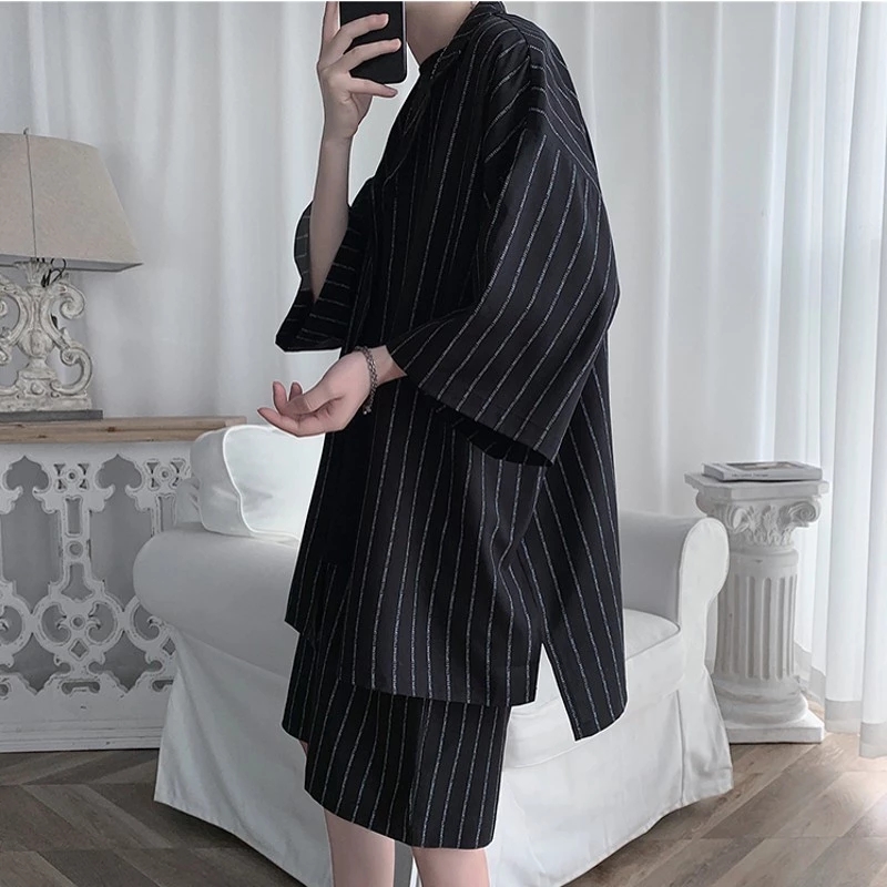 Veste et short de survêtement de Style coréen pour hommes, ensemble 2 pièces, costume de sport à rayures d'été, vêtements surdimensionnés légers 5XL