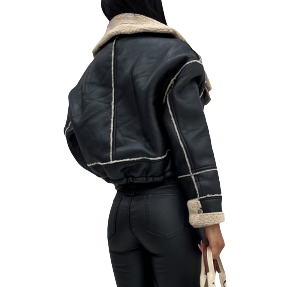 Veste en peluche patchwork PU pour femme, manches longues, fermeture éclair, combinaison courte, streetwear chaud avec poches, vêtements d'extérieur à la mode, hiver
