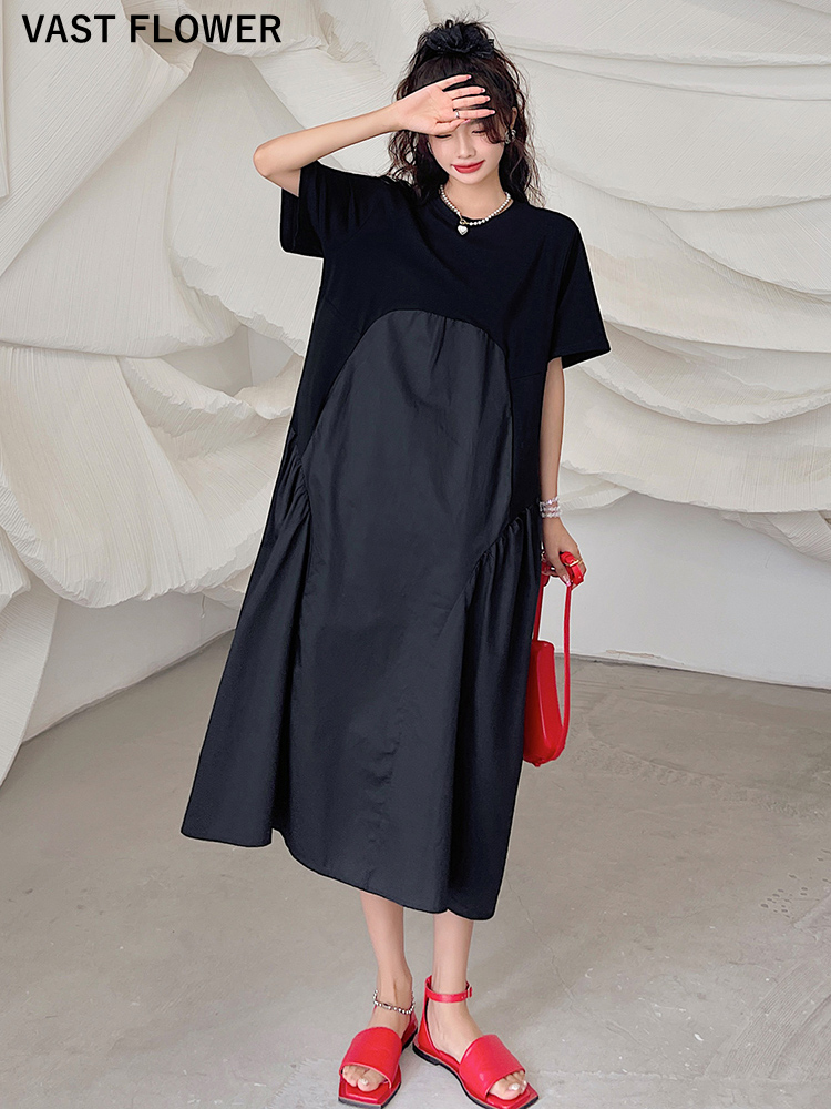 Robes plissées noires vintage patchwork pour femmes, nouvelle mode coréenne, manches courtes, coupe ample, décontractée, longue robe d'été, vêtements 2026