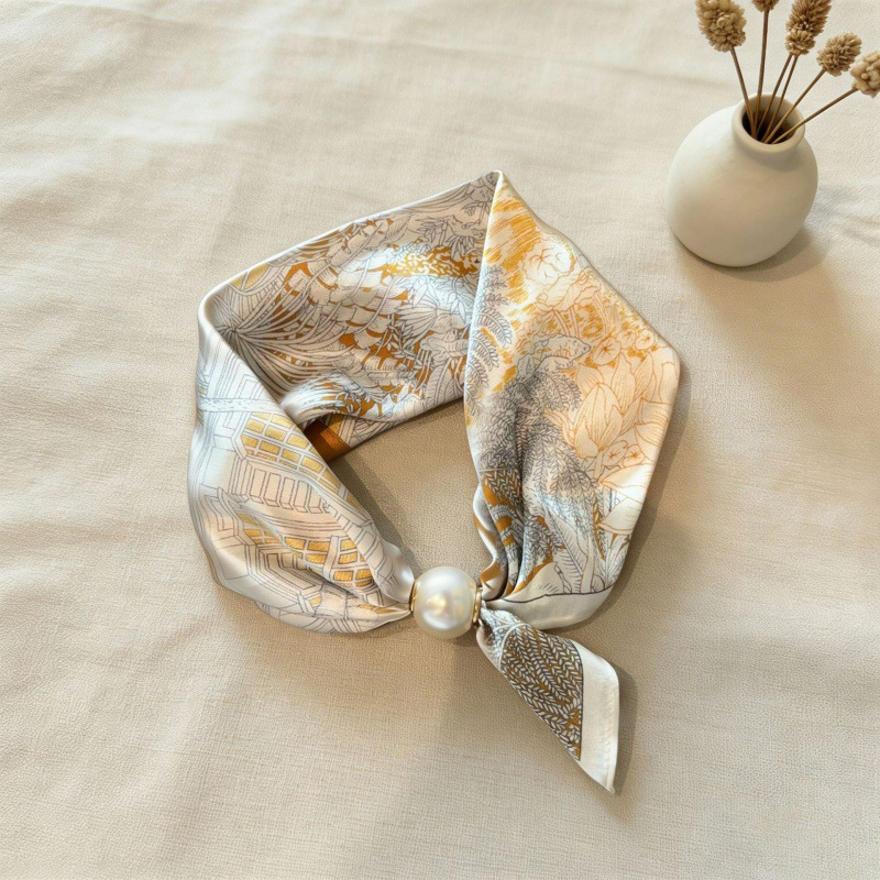 Écharpe carrée magnétique en soie pour femme, fine, printemps-été, avec pendentif en perles, chaîne de clavicule, foulard de cou