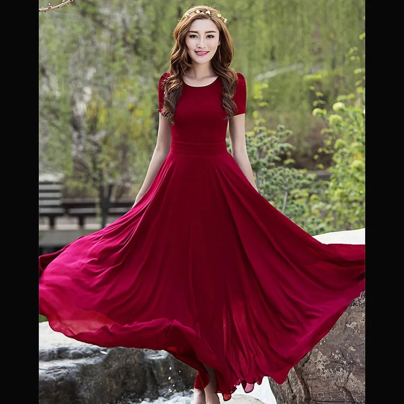 Nouvelle Robe Longue d'Été pour Femme 206, Style Coréen, en Chiffon, Coupe Ajustée, Jupe à Grand Ourlet Super Longue, Idéale Plage