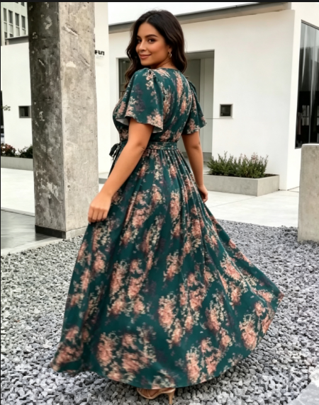 Robe longue élégante à imprimé bohème vert turquoise et marron pour femmes, col croisé, design à ourlet en A, convient aux occasions formelles