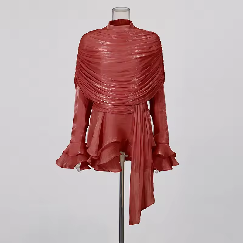 GALCAUR Robe unie ample à volants pour femme, col rond, manches longues, patchwork, fermeture éclair, robes élégantes, nouvelle collection mode féminine