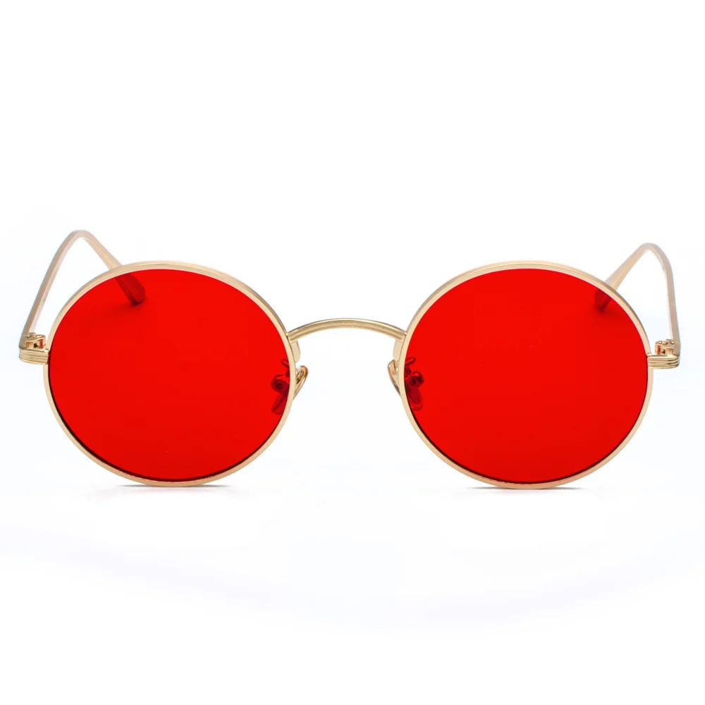 Lunettes de soleil rondes en métal doré pour hommes et femmes, style rétro, verres rouges, unisexe, jaune, rose, noir, été, nouveau