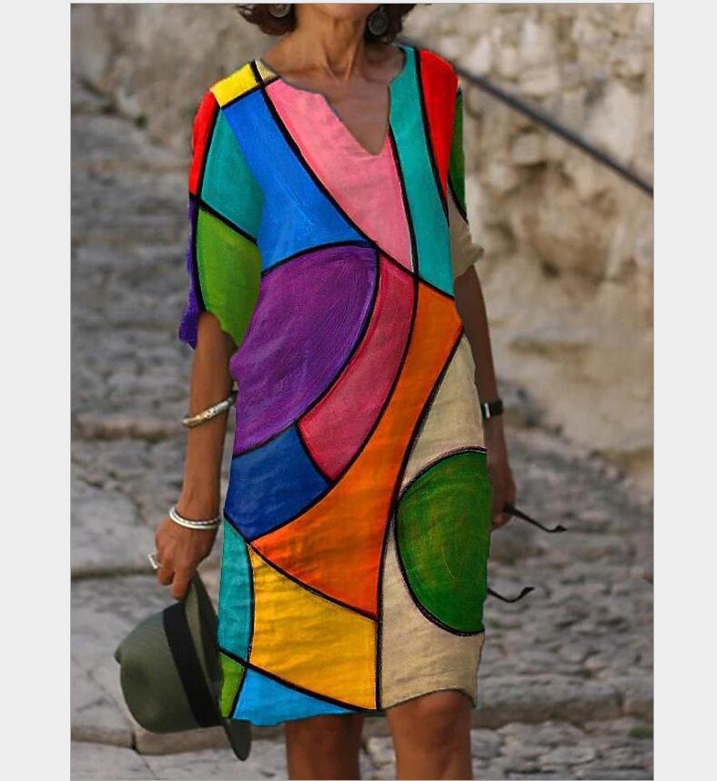 Robe Vintage à imprimé Floral pour femmes, élégante, col en v, demi-manches, longueur aux genoux, décontractée, ample, été