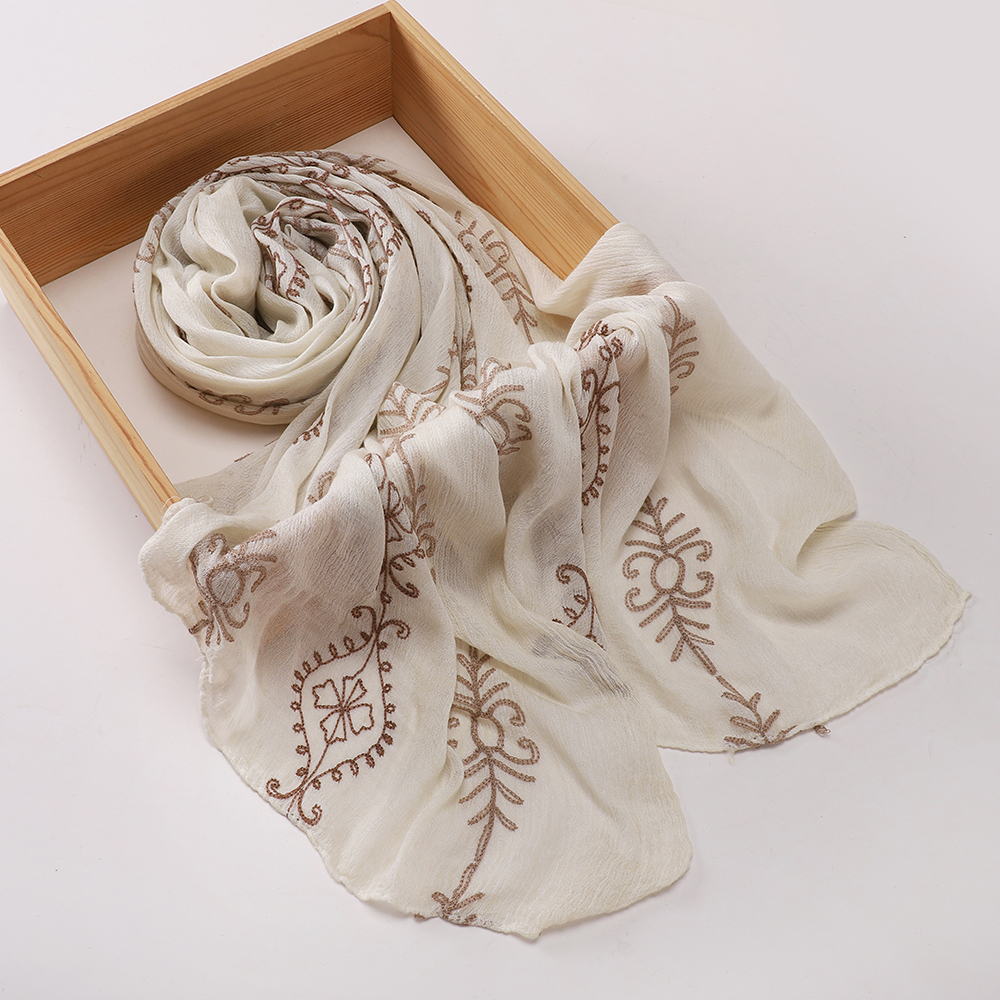 Hijab vintage en tissu texturé froissé brodé, châle musulman, foulard doux et respirant, écharpe de tête islamique pour femmes.
