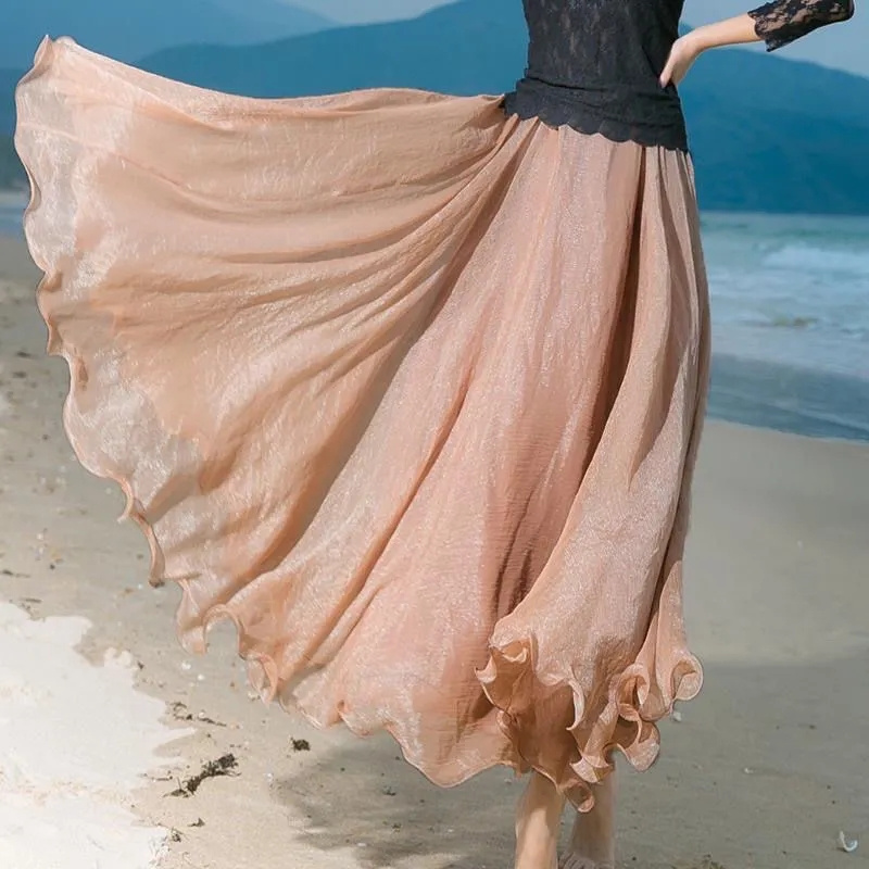 2025 nouvelle mode femmes en mousseline de soie jupes longues taille haute longueur de plancher volants blanc été Boho Maxi jupe Saia Longa Faldas