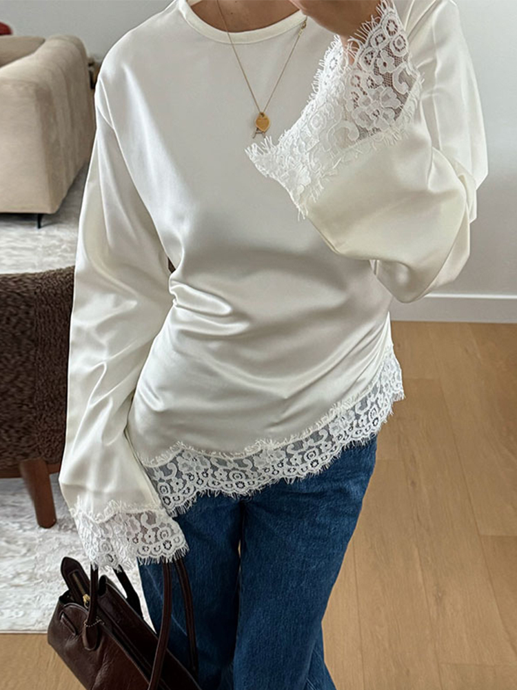 Chemisier Femme Tendance Col Rond Manches Longues en Satin Uni à Ourlet Asymétrique – Nouvelle Collection Printemps 2026 Chic Décontracté Élégant