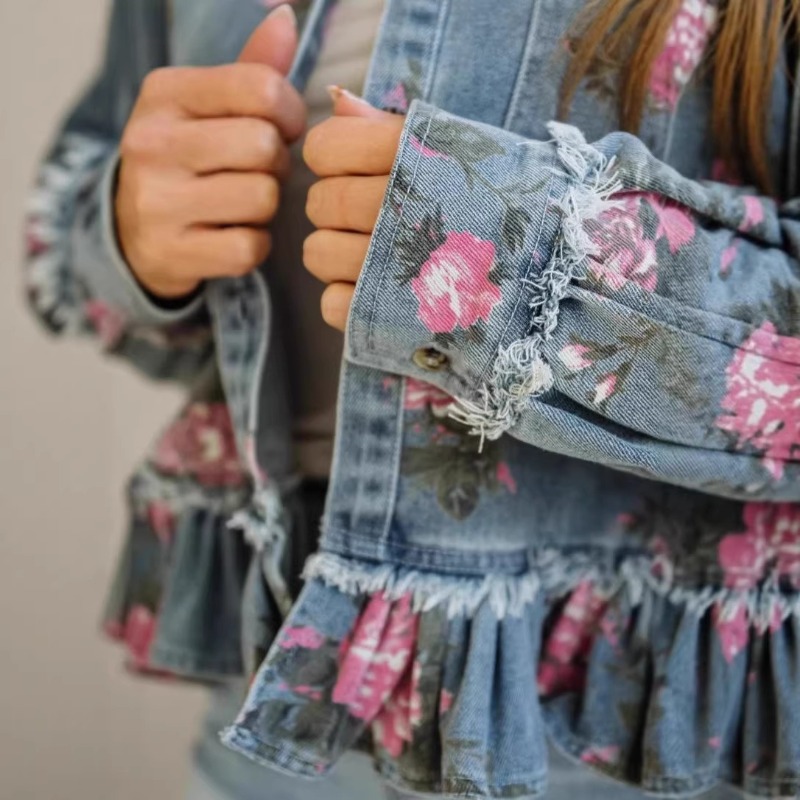 Blouse Chemise Veste Femme Vintage en Denim Délavé Imprimé Floral Coupe Ample Manches Longues Décontractée Tendance Polyvalente Créateur