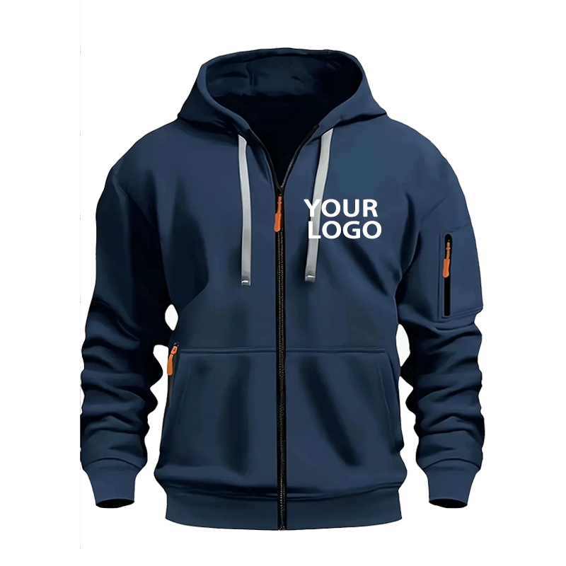 Sweat à capuche de sport décontracté pour hommes, Logo personnalisé, avec poche zippée complète, à la mode, avec poche sur les bras, pour l'extérieur, à manches longues, DIY
