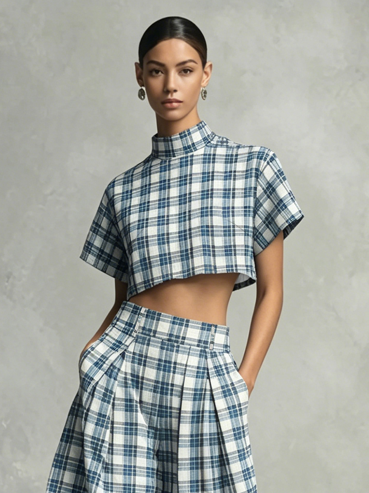 Ensemble deux pièces à carreaux bleus pour femmes, haut court à col montant, pantalon large à taille haute, tenue décontractée élégante