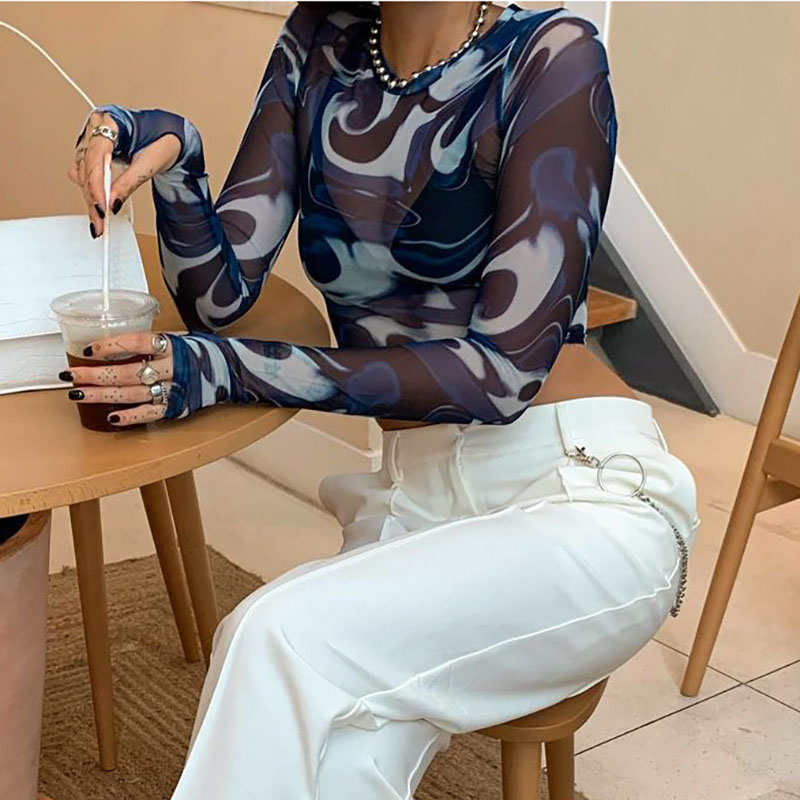 Hauts courts à la mode pour femmes: maille, transparent, imprimé, col rond, manches longues, pull, sexy, streetwear, Y2K, style Harajuku