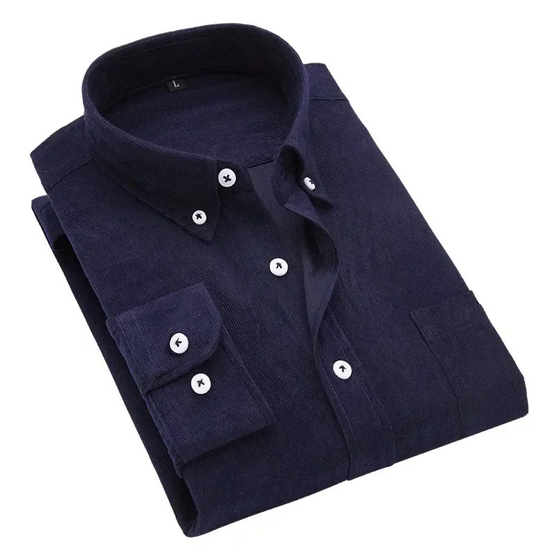 Décontracté hommes chemise en velours côtelé 2025 printemps automne à manches longues rayé t-shirts mâle coupe ajustée chemise col rabattu Camisa Masculina