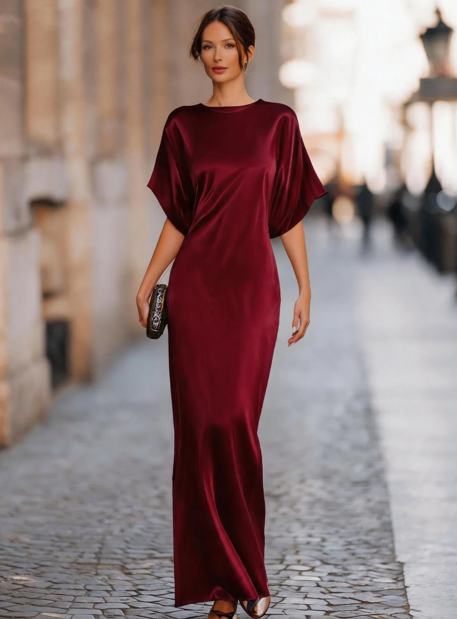 Robe longue en satin pour femme, manches chauve-souris courtes, élégante robe de soirée fluide, tenue décontractée ou formelle