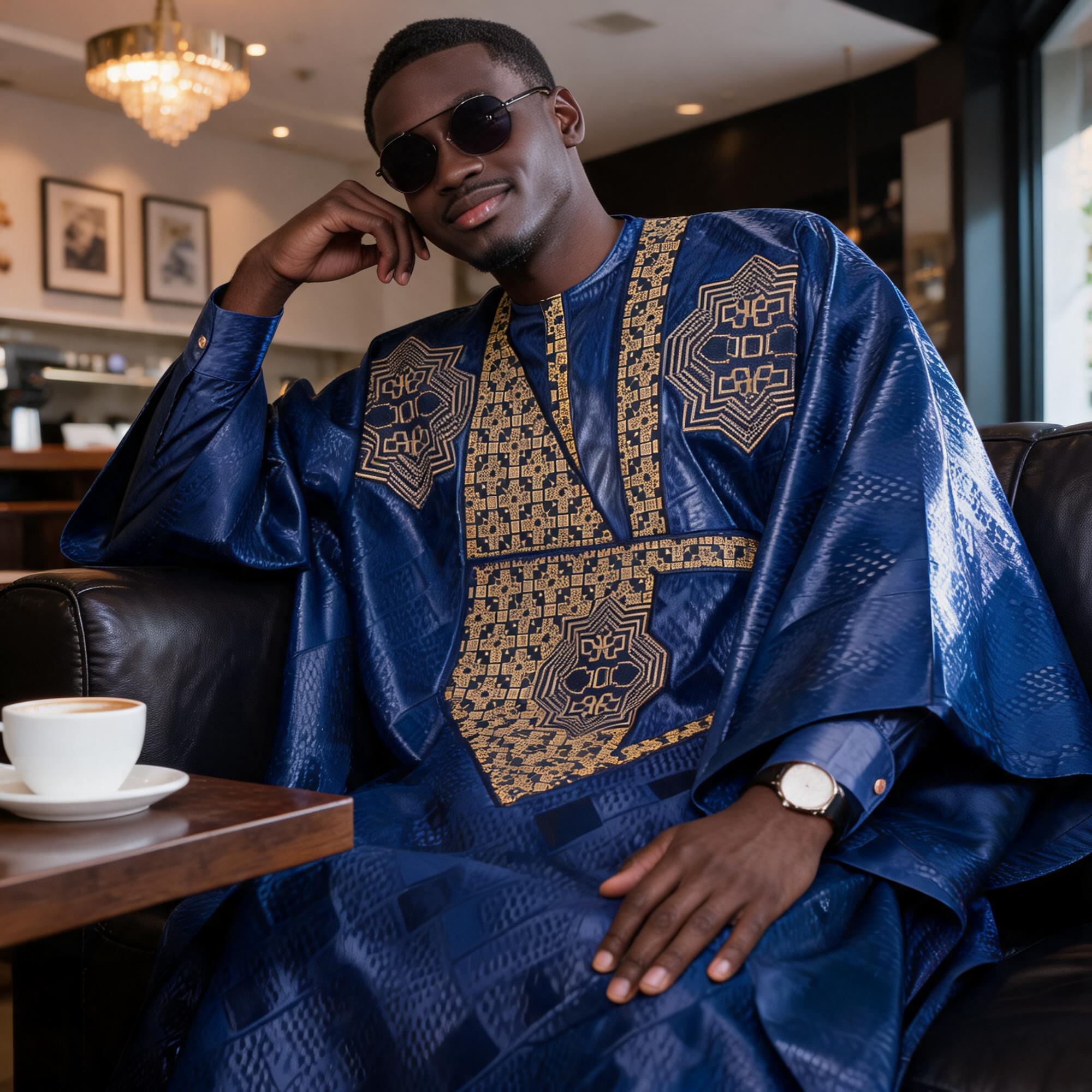 Vêtements africains pour hommes, design traditionnel brodé Bazin Riche, haut à manches longues, ensemble 3 pièces