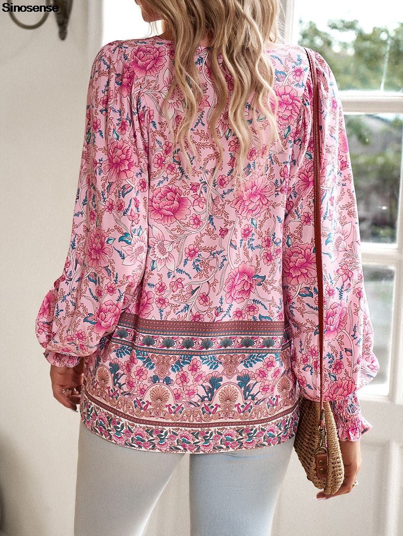 Femmes Vintage imprimé fleuri Boho Blouse Sexy col en V à manches longues hauts décontracté Date travail fête été plage Blouses amples chemises