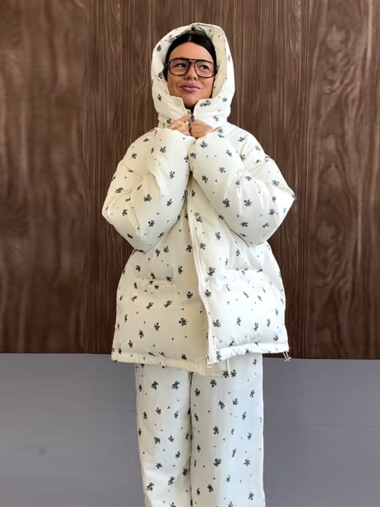 Costume 2 pièces pour femmes, veste rembourrée imprimée à capuche, ensemble pantalon, manteaux bombardier amples, taille élastique, pantalon, nouvelle tenue pour dame, nouvelle collection hiver