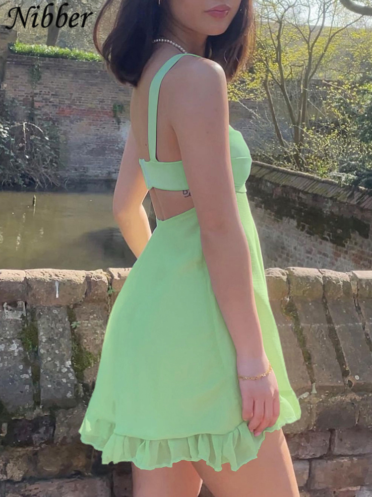Nibber – robe élégante pour Mujer, couleur unie, découpe, Slim, écharpe, Sexy, dos nu, à volants, 2023