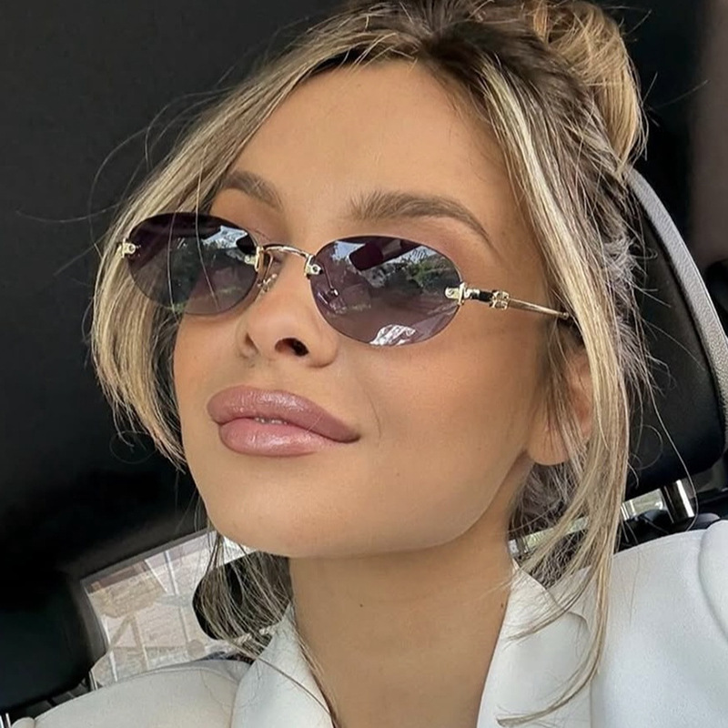 Lunettes de soleil ovales sans monture pour femmes 2026 – Nouvelles lunettes de soleil en alliage dégradé pour dames, style rétro, tendance, pour la conduite, style concave, verres chauds
