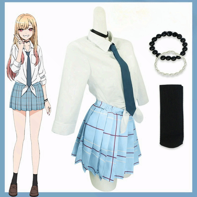 Costume de cosplay My Dress-Up Darling Kitagawa Marin, uniforme scolaire JK, chemise, jupe à carreaux, ensemble complet, tenue de carnaval d'Halloween