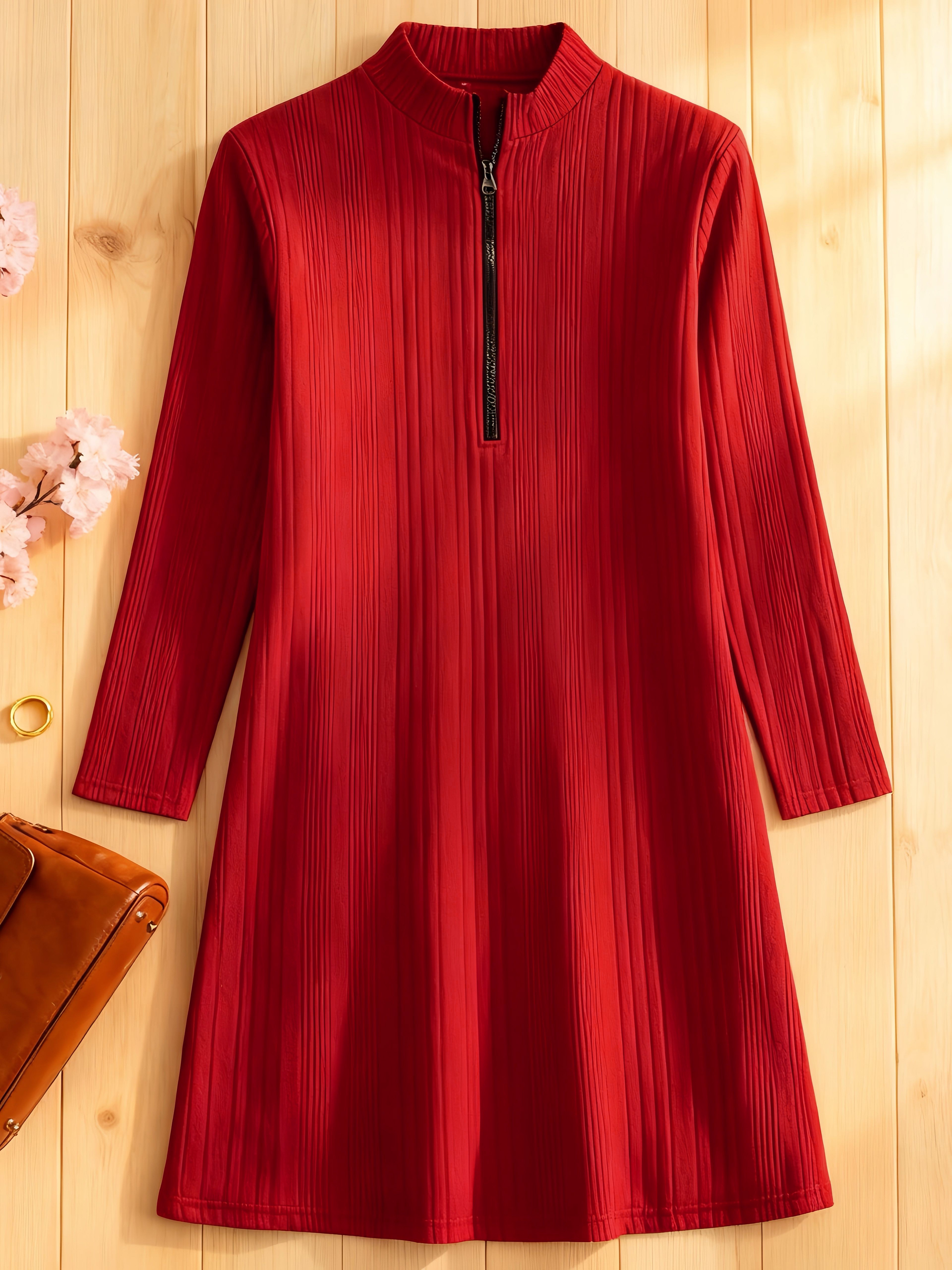 Robe mi-longue grande taille pour femmes, couleur unie, fermeture éclair côtelée, col rond, vêtements saisonniers à manches longues, Style européen et américain