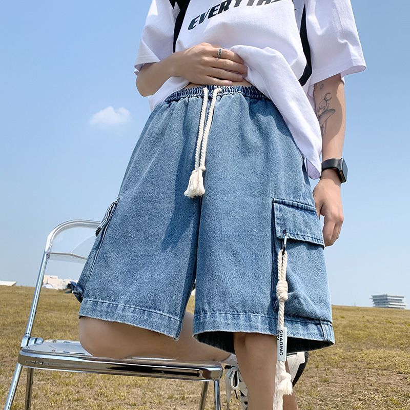 Vêtements de travail rétro américains fins pour hommes, Denim, taille élastique, ample, cinq points, taille moyenne, été