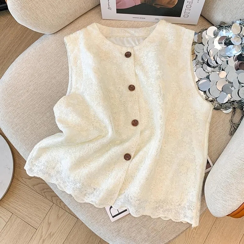 Veste gilet femme 2025 printemps automne Jacquard col rond dame vêtements d'extérieur dentelle simple boutonnage Cardigan dames gilet manteau